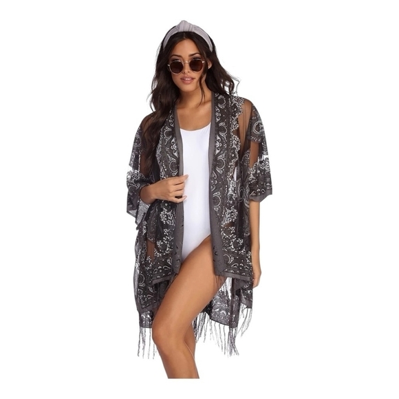 Women’s Swim Cover Up Top Burnout Kimono Sheer Fringe Open Front Duster Tunic - Picture 2 of 8